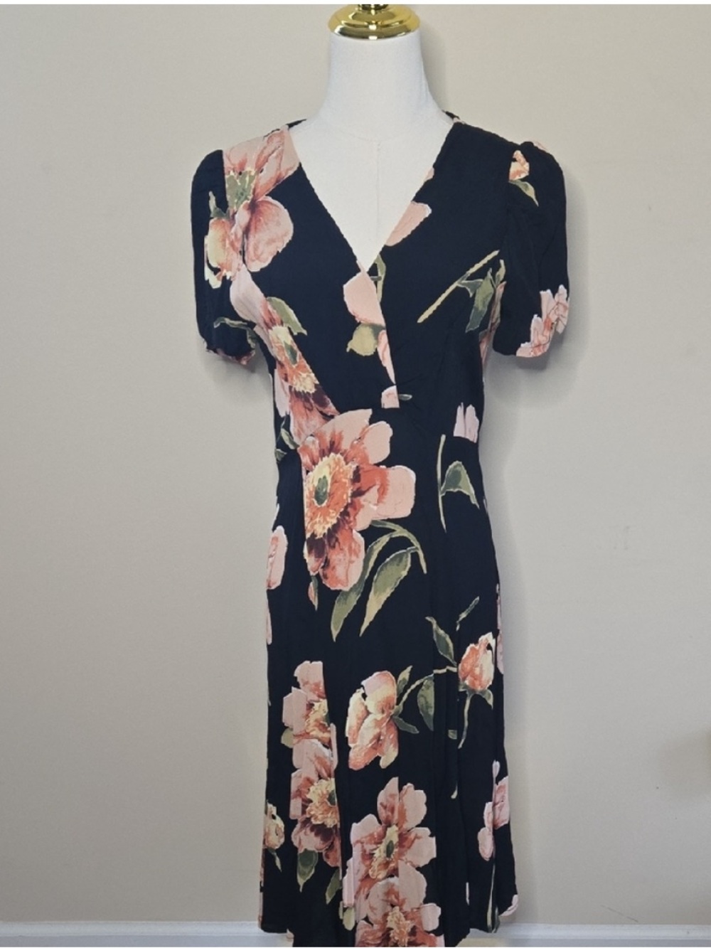 Vintage Loco Lindo Black Floral Dress 90s Inspired Waist Tie Medium Feminine